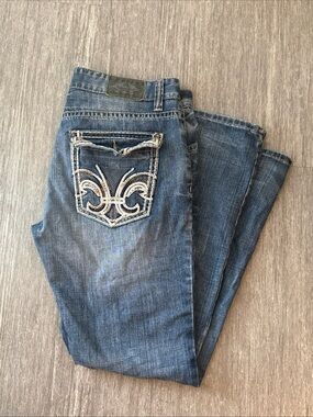 Antique Rivet Medium Blue Bootcut Jeans with Decorative Embroidered Pocket